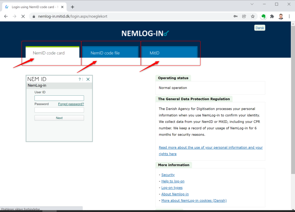 Skærmbillede fra nemlog-in
