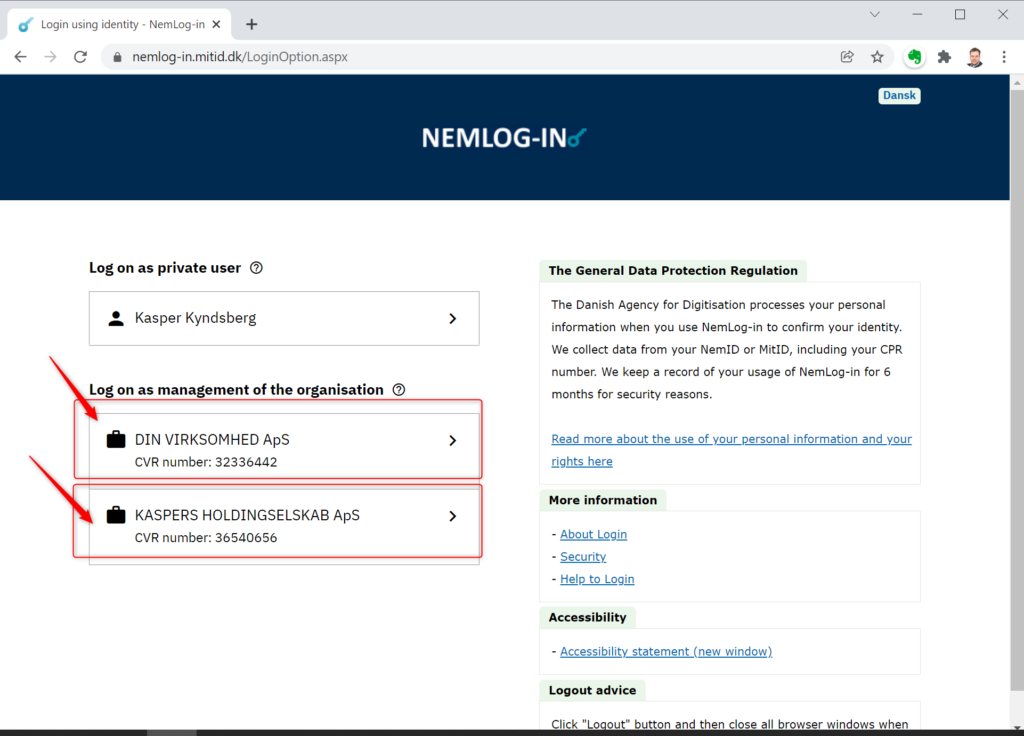 Skærmbillede fra nemlog-in